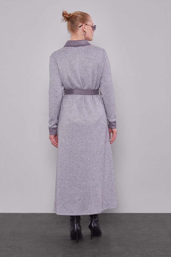 LevidorGri Süet Garnili Kaşmir Elbise