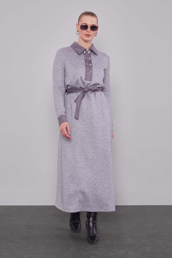 LevidorGri Süet Garnili Kaşmir Elbise