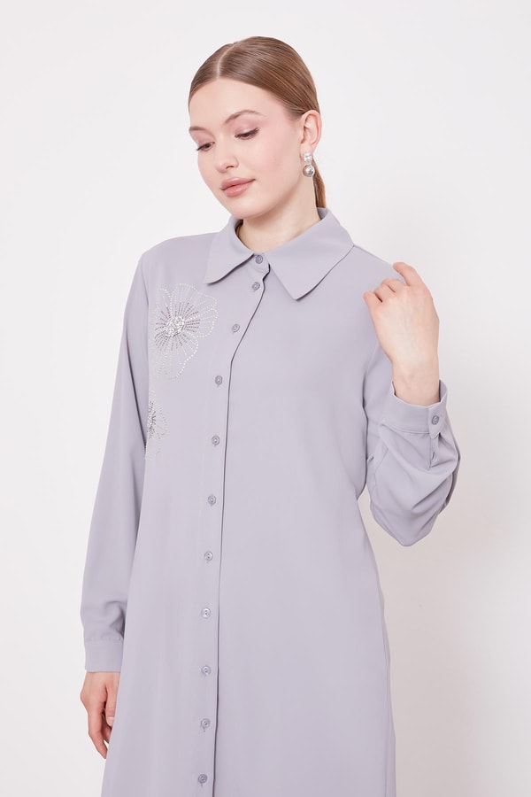 LevidorGri Taş Çiçek Desen Baskılı Tunik