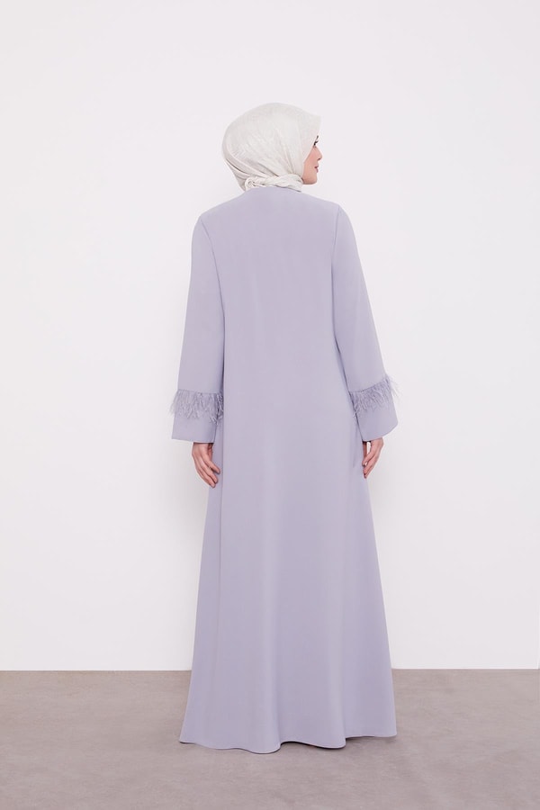 LevidorGri Taş İşlemeli Tüy Detaylı Ferace