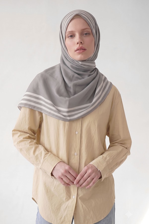 LevidorGri Üç Çizgi Detaylı Twill İpek Eşarp