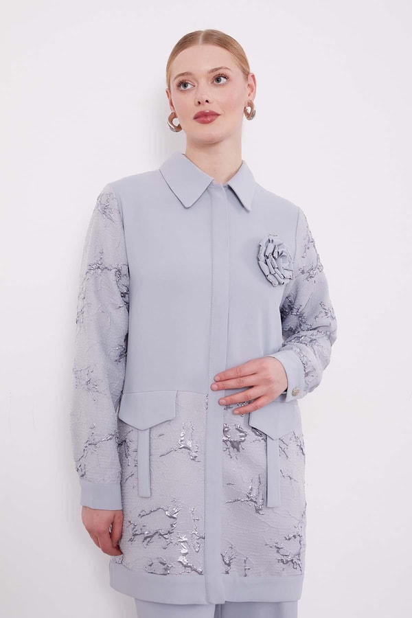 LevidorGri Yakası Gül Detaylı İkili Takım