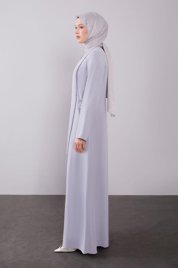 LevidorGri Yanları İp Bağlamalı Taş İşlemeli Ferace