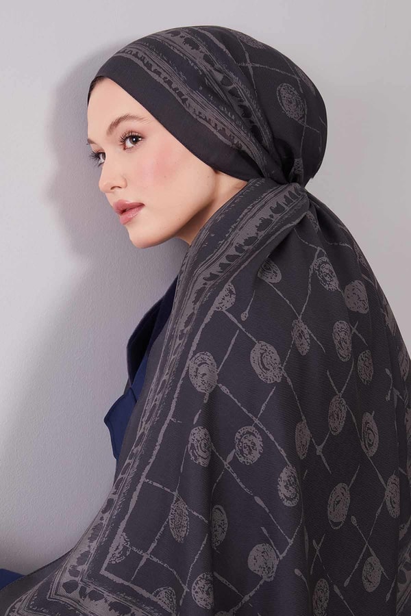 LevidorGri Yuvarlak Desenli Yün İpek Şal