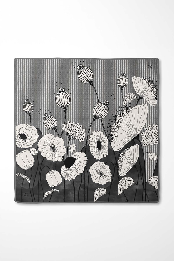 LevidorGri Zambak Çiçek Desen Twill İpek Eşarp