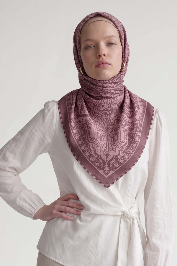 LevidorGül Kurusu Etnik Desen Twill İpek Eşarp
