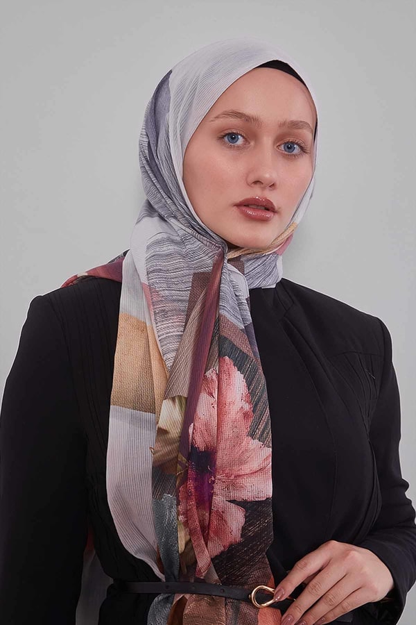 LevidorGümüş Karışık Çiçek Desen Pamuk Şal