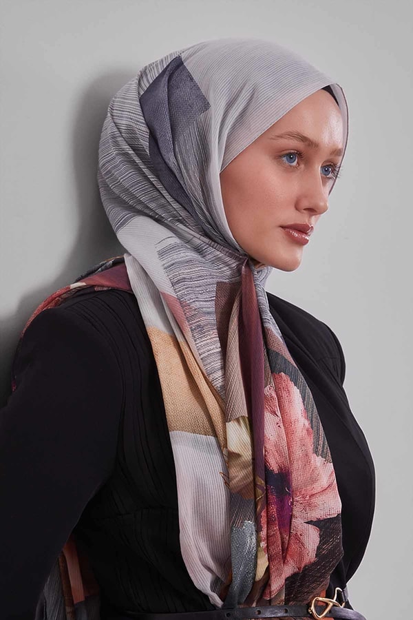 LevidorGümüş Karışık Çiçek Desen Pamuk Şal