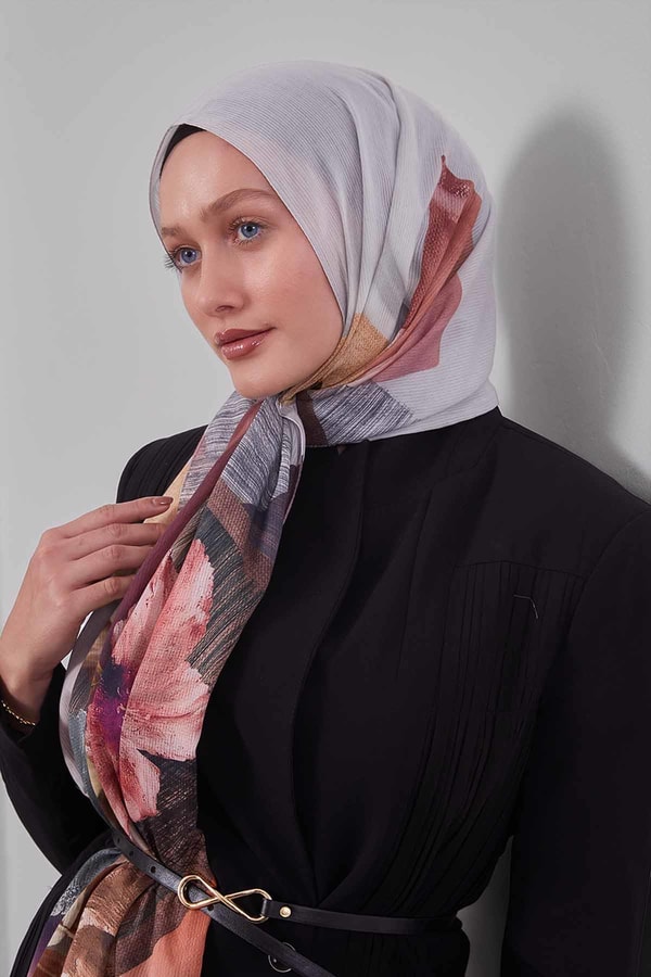 LevidorGümüş Karışık Çiçek Desen Pamuk Şal