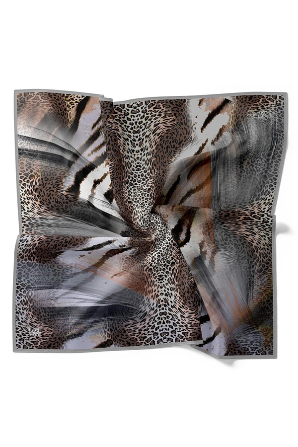 LevidorGümüş Karışık Leopar Desen Twill İpek Eşarp