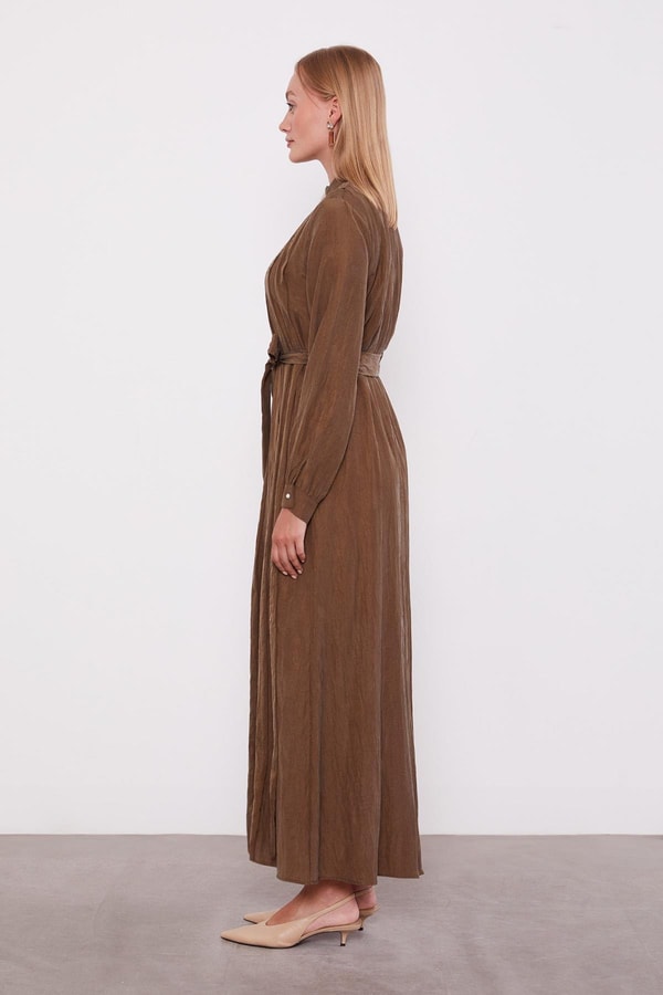 LevidorHaki Bel Bağlamalı Pile Detaylı Cupra Elbise