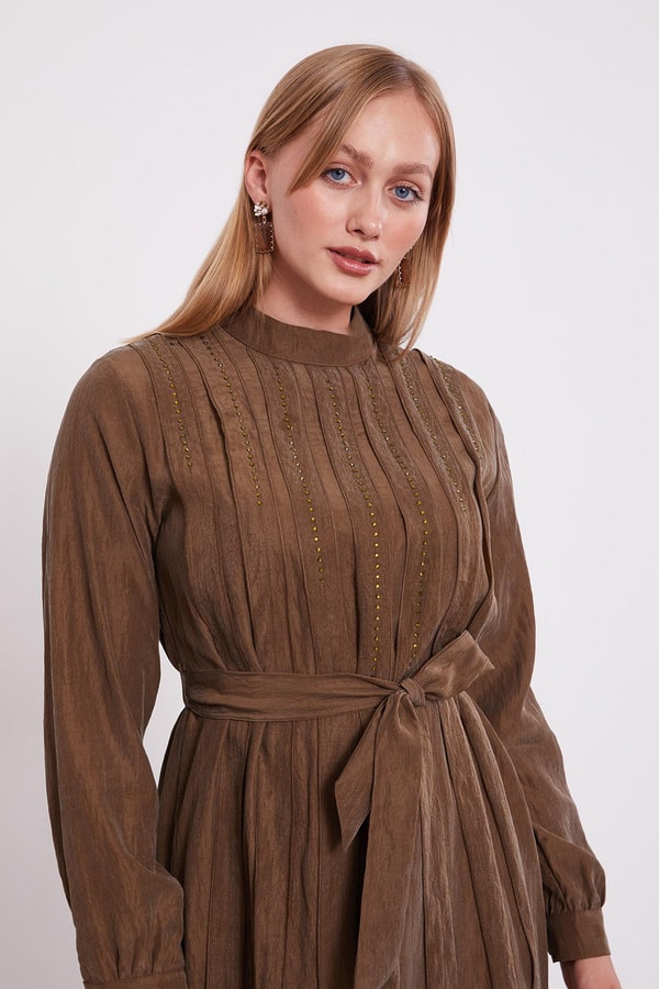 LevidorHaki Bel Bağlamalı Pile Detaylı Cupra Elbise