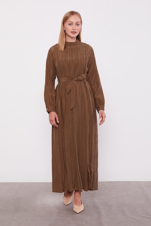 LevidorHaki Bel Bağlamalı Pile Detaylı Cupra Elbise