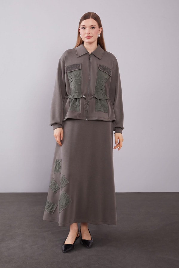 LevidorHaki Büzgü Yama Detaylı Etek Takım