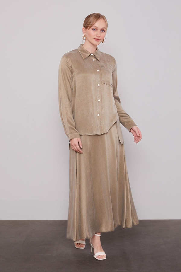 LevidorHaki Çapraz Düğme Detay Cupra Etek Takım