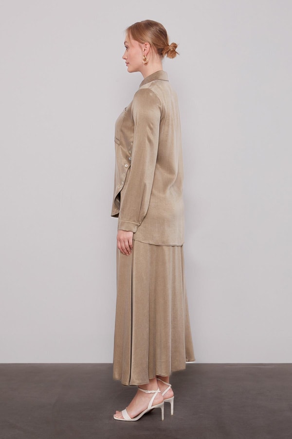 LevidorHaki Çapraz Düğme Detay Cupra Etek Takım