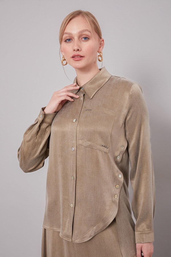 LevidorHaki Çapraz Düğme Detay Cupra Etek Takım