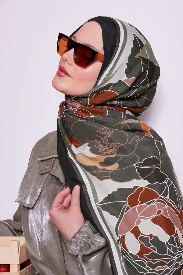 LevidorHaki Çiçek Desen Royal Şal