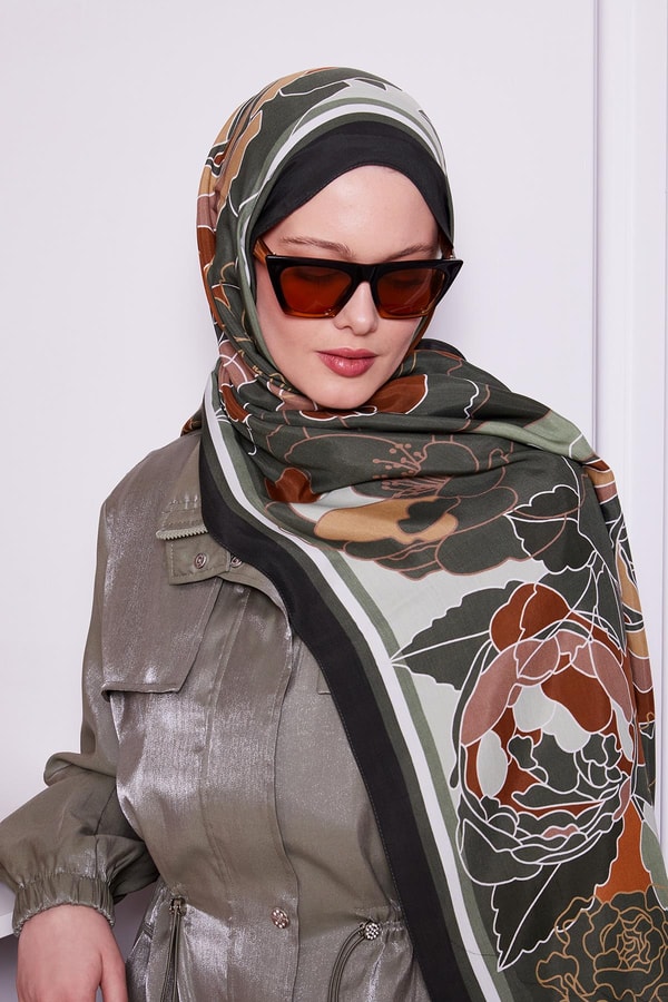 LevidorHaki Çiçek Desen Royal Şal