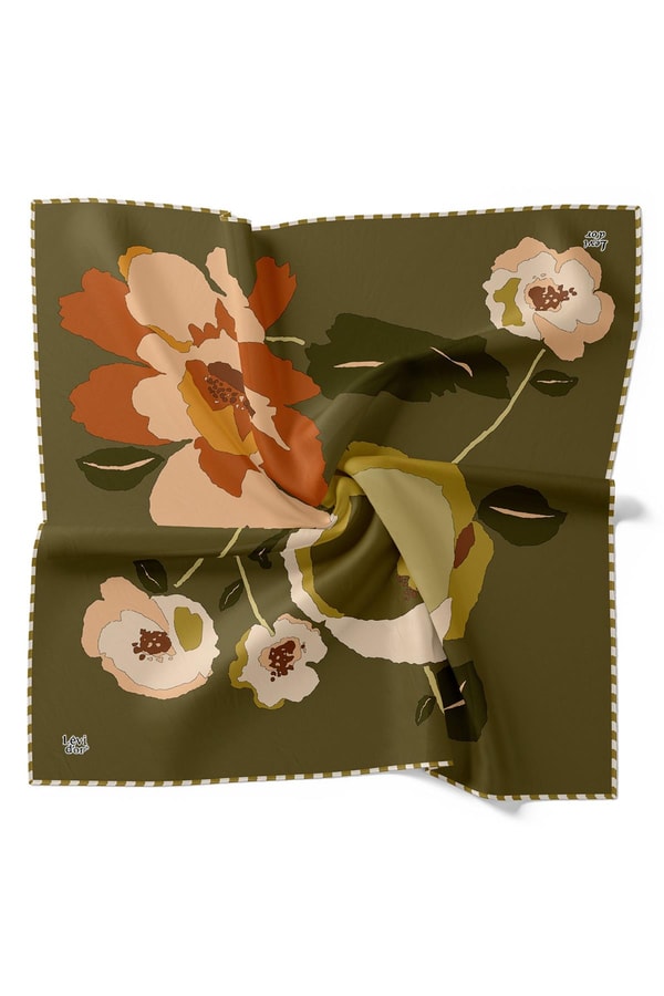 LevidorHaki Çizim Çiçek Desen Twill İpek Eşarp