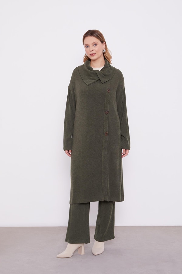 LevidorHaki Düğme Detaylı Pantolonlu Tunik Takım