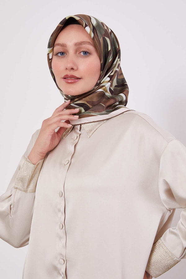LevidorHaki Ebruli Desen Twill İpek Eşarp