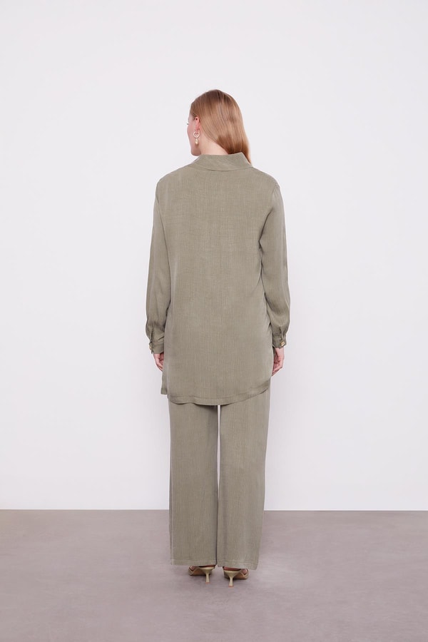 LevidorHaki Fermuar Yaka Düğme Cep Detaylı Tunik Takım