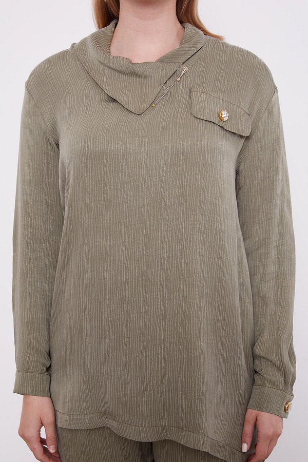 LevidorHaki Fermuar Yaka Düğme Cep Detaylı Tunik Takım