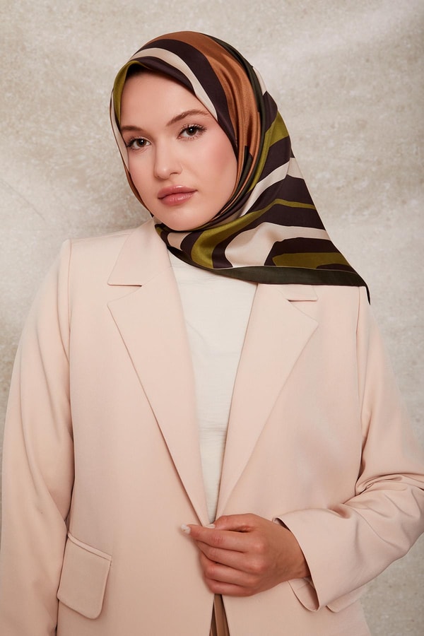 LevidorHaki Kalın Çizgili Twill İpek Eşarp