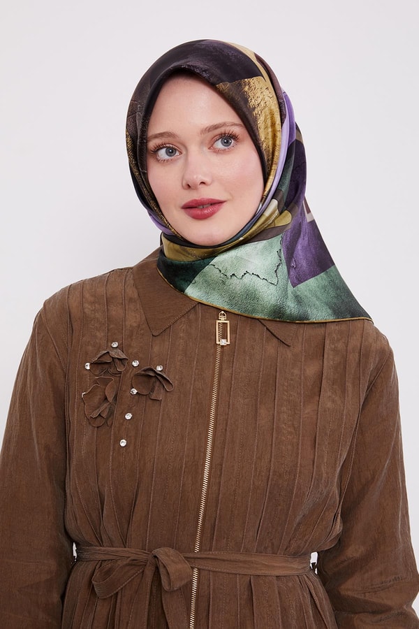 LevidorHaki Karışık Desen Twill İpek Eşarp