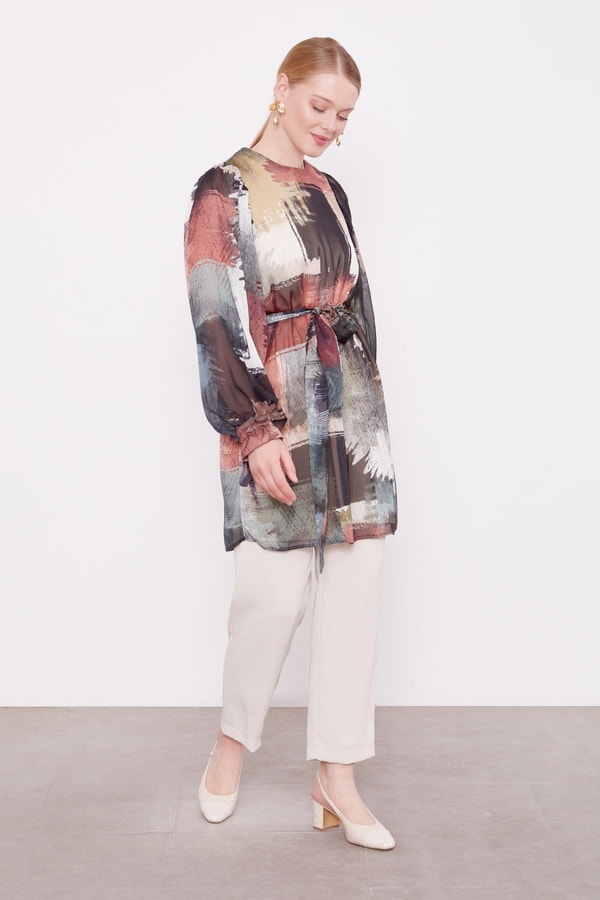 LevidorHaki Karışık Fırça Desen Şifon Tunik