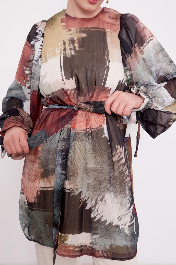 LevidorHaki Karışık Fırça Desen Şifon Tunik