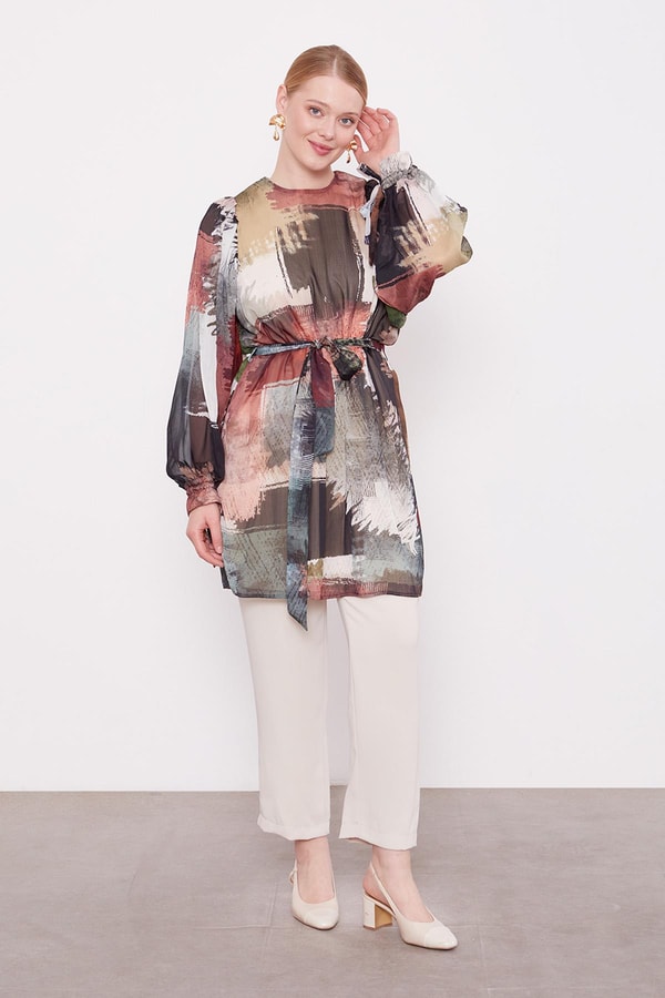 LevidorHaki Karışık Fırça Desen Şifon Tunik
