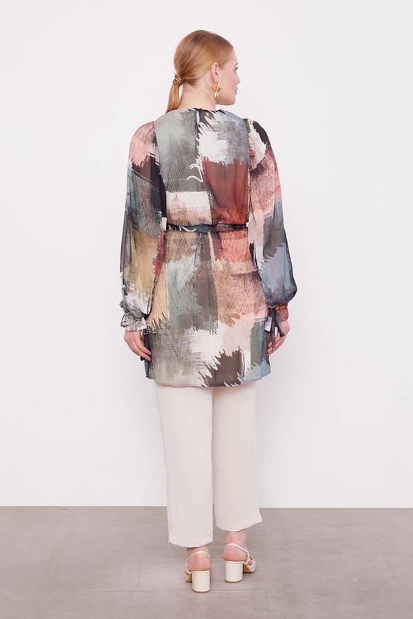 LevidorHaki Karışık Fırça Desen Şifon Tunik