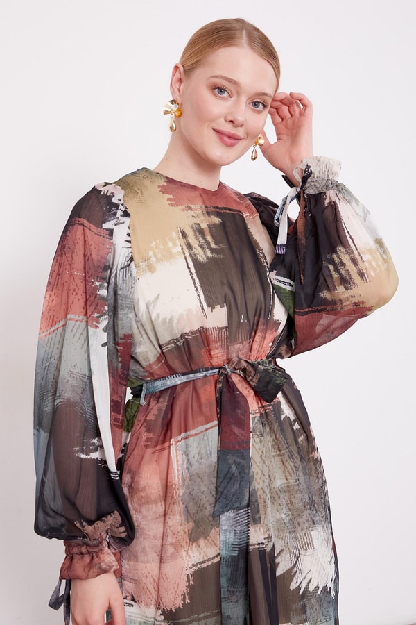 LevidorHaki Karışık Fırça Desen Şifon Tunik