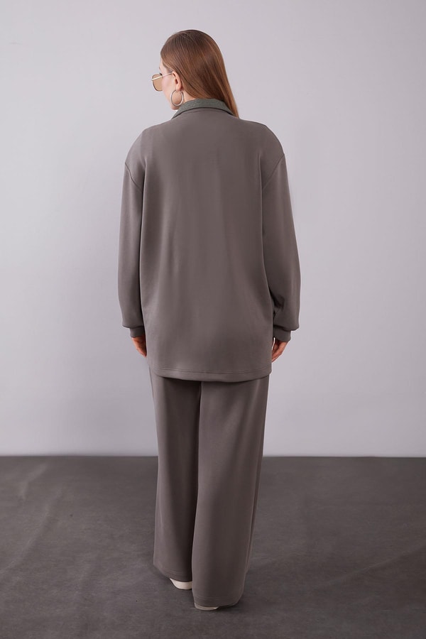 LevidorHaki Kendinden Desen Yakalı İkili Takım