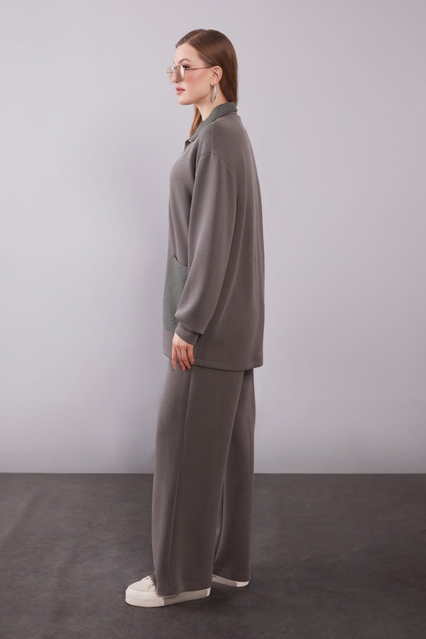 LevidorHaki Kendinden Desen Yakalı İkili Takım