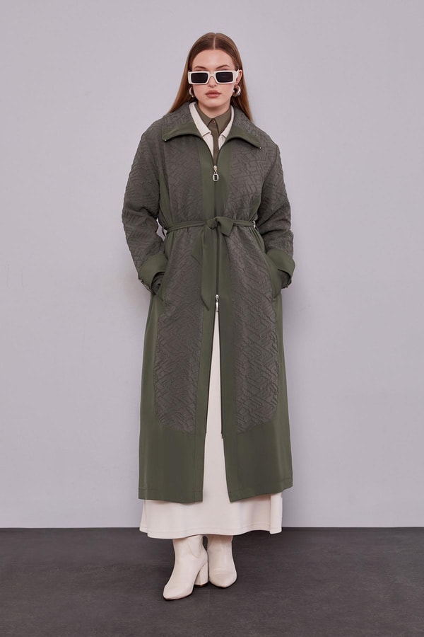 LevidorHaki Kendinden Desenli Fermuarlı Kap