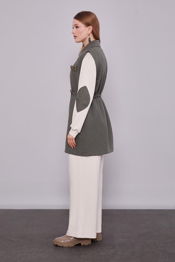 LevidorHaki Kendinden Desenli Yelekli Üçlü Takım