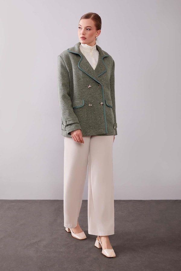 LevidorHaki Kruvaze Kenar Şeritli Kaşmir Ceket