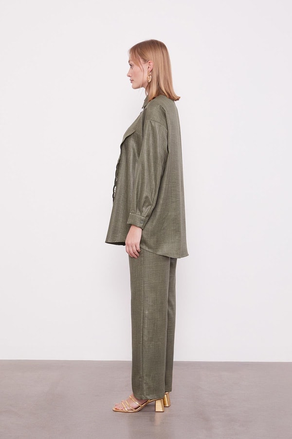 LevidorHaki Nakış Gül Detaylı Tunik Takım