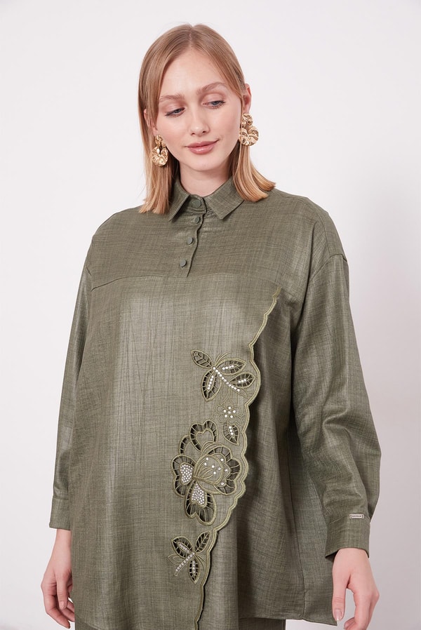 LevidorHaki Nakış Gül Detaylı Tunik Takım