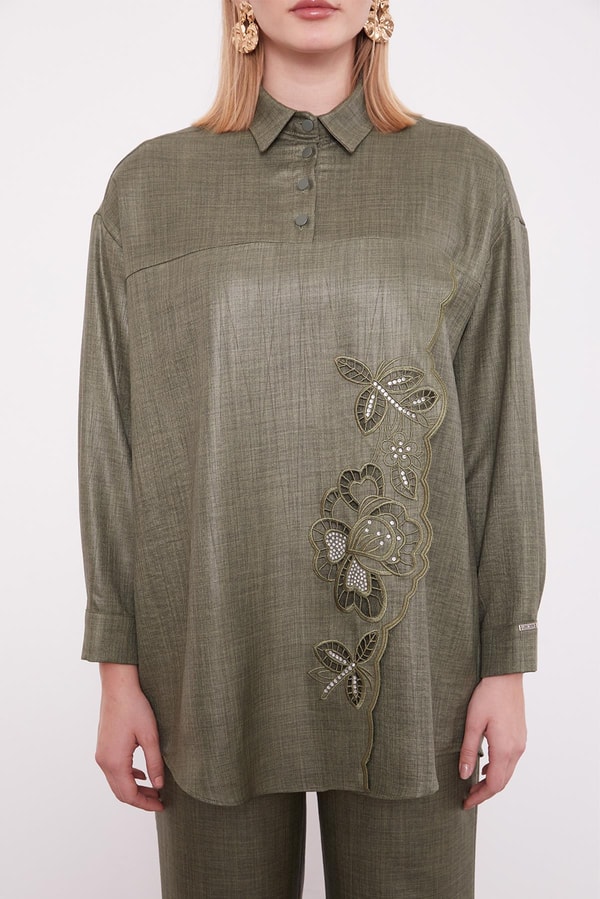 LevidorHaki Nakış Gül Detaylı Tunik Takım