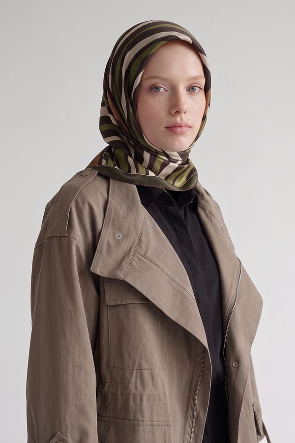 LevidorHaki Şerit Detaylı Twill İpek Eşarp