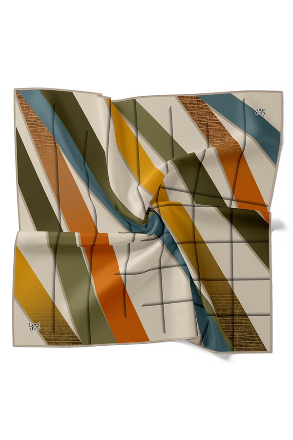 LevidorHaki Şeritli Twill İpek Eşarp