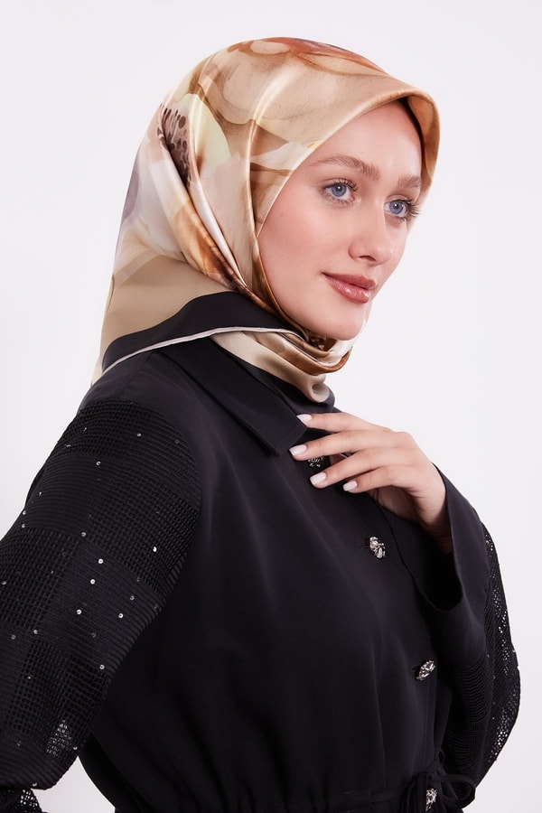 LevidorHaki Soft Çiçek Desen Sura İpek Eşarp