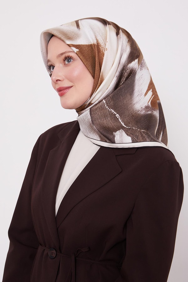 LevidorHaki Soyut Yaprak Desen Twill İpek Eşarp