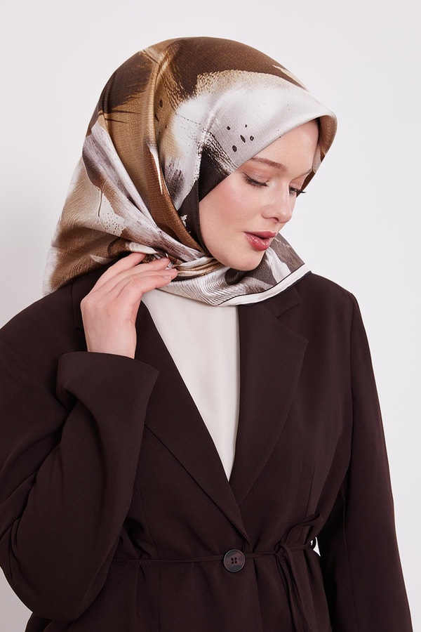 LevidorHaki Soyut Yaprak Desen Twill İpek Eşarp