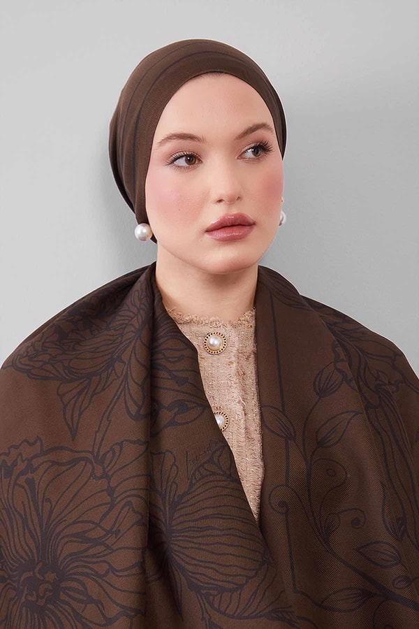 LevidorHaki Sümbül Çiçek Desen Yün İpek Şal