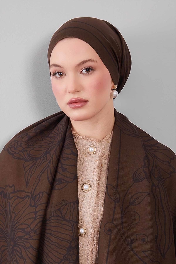 LevidorHaki Sümbül Çiçek Desen Yün İpek Şal